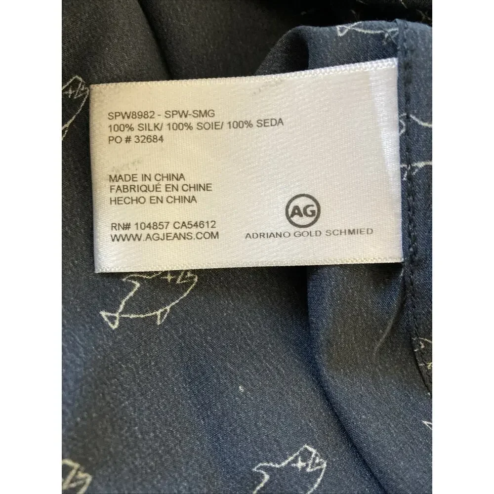 Adriano Goldschmied‎ Alena Silk Shirt Women's Sz L Navy Snap Fish Shark Print - Picture 9 of 11
